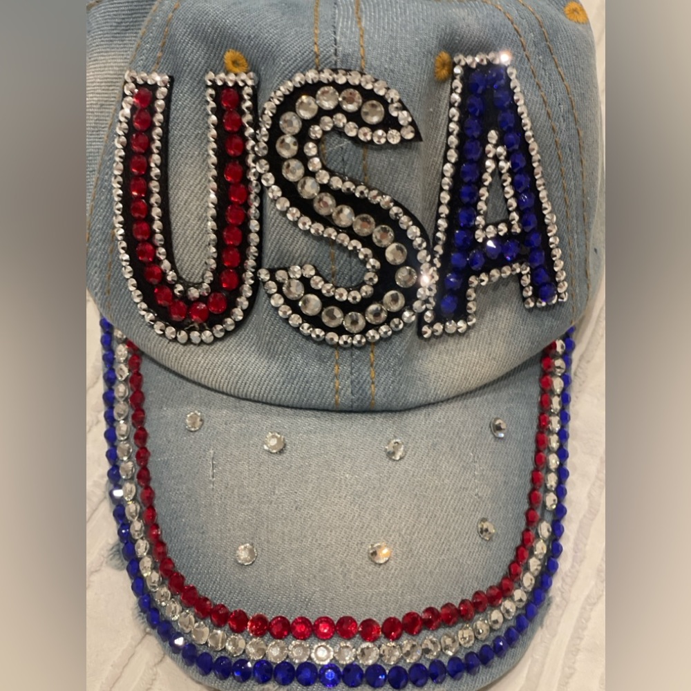 NEW, 🇺🇸 USA Rhinestone Denim Adjustable Baseball Hat,OS